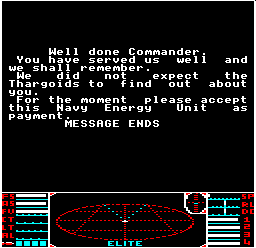 The debriefing screen for the Thargoid maps mission in BBC Micro Elite