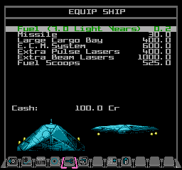 The Equip Ship screen in NES Elite