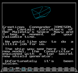 The first briefing screen for mission 1 in NES Elite