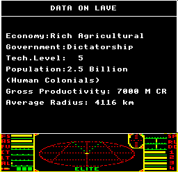 The Data on System screen for Lave in the BBC Micro cassette version of Elite