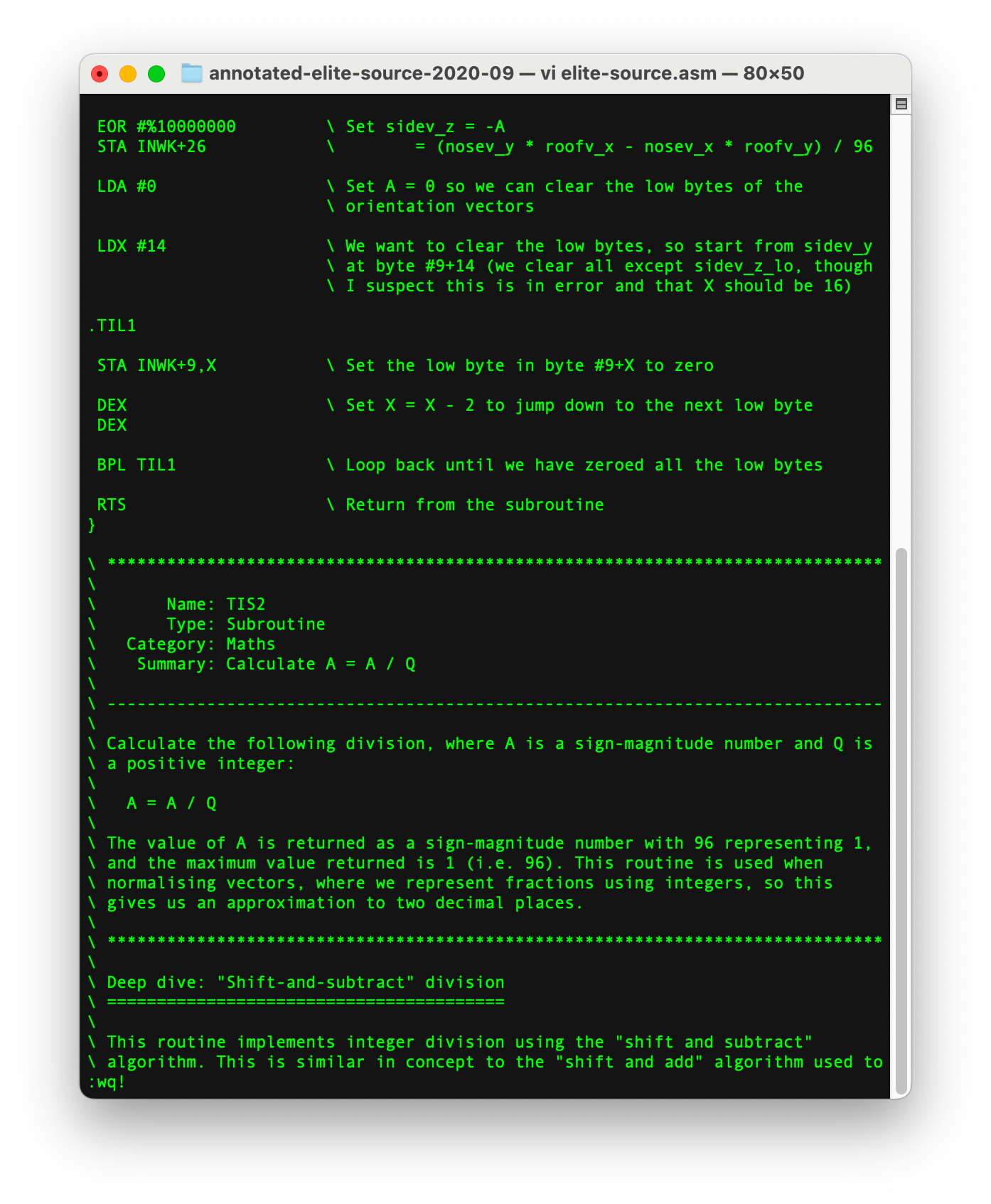 The first version of the fully documented Elite source code in vi