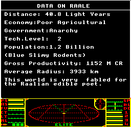 The Data on System screen for Raale in the BBC Micro disc version of Elite