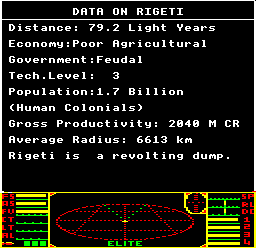 The Data on System screen for Rigeti in the BBC Micro disc version of Elite