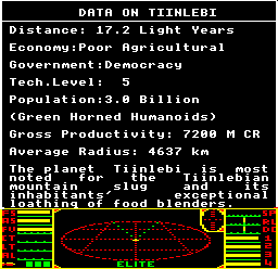The Data on System screen for Tiinlebi in the BBC Micro disc version of Elite