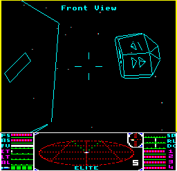 A Transporter leaving the space station on the BBC Master in the Elite Compendium