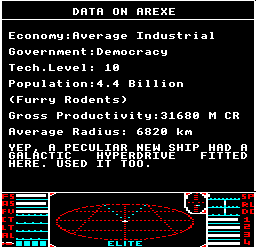 The mission message at Arexe in BBC Micro Elite