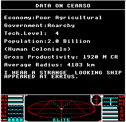 The mission message at Cearso in BBC Micro Elite