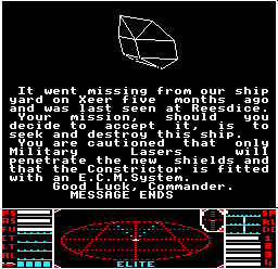 The second briefing screen for the Constrictor mission in BBC Micro Elite