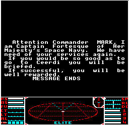 The first briefing screen for the Thargoid maps mission in BBC Micro Elite