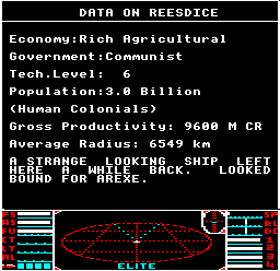 The mission message at Reesdice in BBC Micro Elite