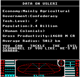 The mission message at Usleri in BBC Micro Elite