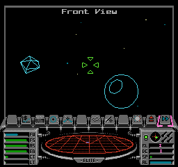 A deep space view showing a planet and an asteroid in NES Elite