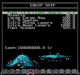 The Cobra Mk III with a full loadout on the NES Elite Equip Ship screen