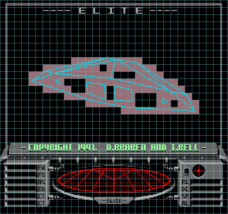 The title screen in NES Elite with used tiles highlighted