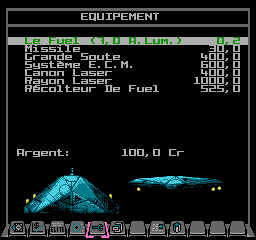 The Equip Ship screen in French in NES Elite