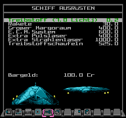 The Equip Ship screen in German in NES Elite