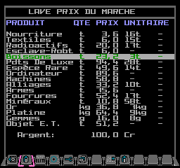 The Lave market prices screen in French in NES Elite