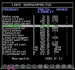 The Lave market prices screen in German in NES Elite