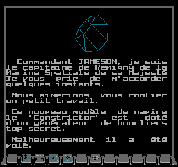 The first briefing screen for mission 1 in French in NES Elite