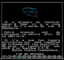 The second briefing screen for mission 1 in French in NES Elite