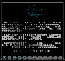 The third briefing screen for mission 1 in German in NES Elite